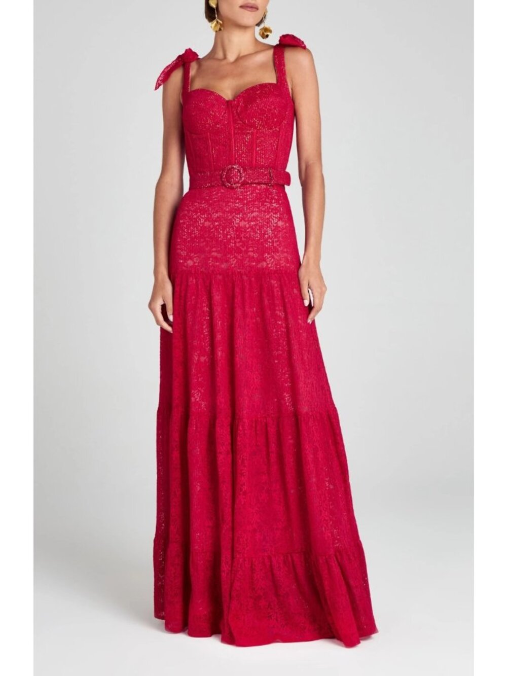 NADINE MERABI Miranda Women's Belted Lace Gown Evening Maxi Dress Red Size US 14